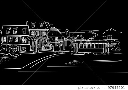 Vector illustration sketch old city street view with tram and buildings on black background Vector illustration sketch old city street view with tram and buildings on black background 97953201