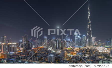 Dubai Downtown all night timelapse with tallest skyscraper and other towers Dubai Downtown all night timelapse with tallest skyscraper and other towers 97953526
