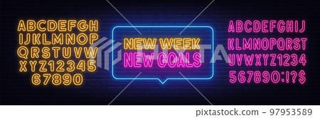 New Week New Goals neon quote on brick wall background. New Week New Goals neon quote on brick wall background. 97953589