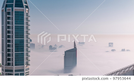 Dubai Aerial view showing fog over al barsha heights and greens district area timelapse Dubai Aerial view showing fog over al barsha heights and greens district area timelapse 97953644