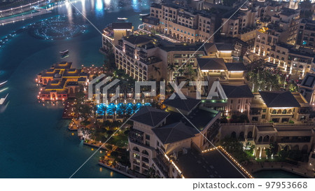 Aerial view to Old Town Island from above night timelapse. 97953668