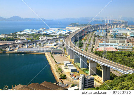 [香川縣]從松辻山展望台看到的瀨戶大橋和盤王工業區 97953720