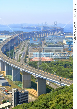 [香川縣]從松辻山展望台看到的瀨戶大橋和盤王工業區 97953737