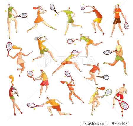 Set of people playing tennis. Male and female athletes in uniform playing with racket and ball cartoon vector illustration Set of people playing tennis. Male and female athletes in uniform playing with racket and ball cartoon vector illustration 97954071