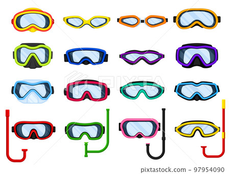 Scuba diving masks and tubes set. Underwater sport equipment for immersion in water cartoon vector Scuba diving masks and tubes set. Underwater sport equipment for immersion in water cartoon vector 97954090