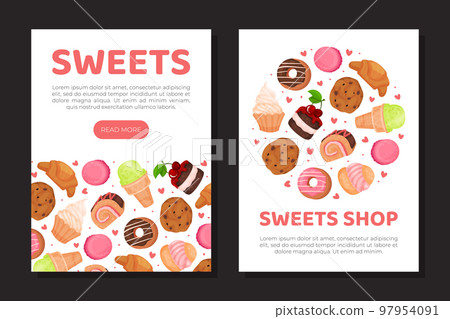 Sweets shop mobile app templates set. Sweet shop, bakery, cafeteria web banner, card, flyer, invitation cartoon vector 97954091