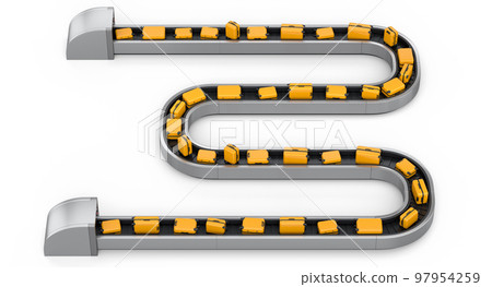 Airport luggage conveyor belt or baggage claim area with suitcases on white. Airport luggage conveyor belt or baggage claim area with suitcases on white. 97954259