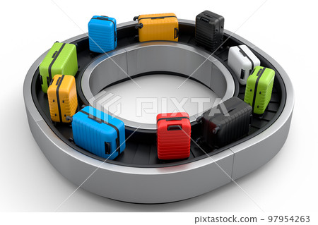 Airport luggage conveyor belt or baggage claim area with suitcases on white. 97954263