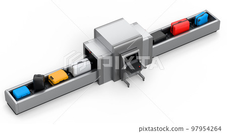 Airport luggage conveyor belt or baggage claim area with suitcases on white. 97954264