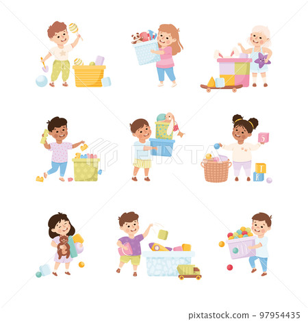 Happy Children Playing Toys in Playroom Having Fun Vector Set 97954435