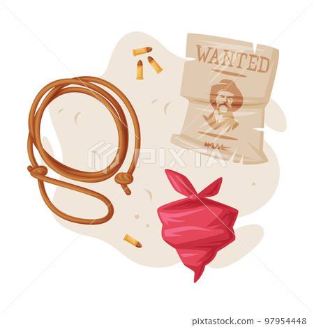 Red Bandana, Lasso and Wanted Notice Paper as Wild West Object Vector Composition Red Bandana, Lasso and Wanted Notice Paper as Wild West Object Vector Composition 97954448