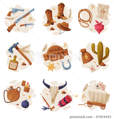 Wild West Objects Composition with Boots, Gun, Hatchet, Lasso, Wagon and Skull Vector Set 97954493