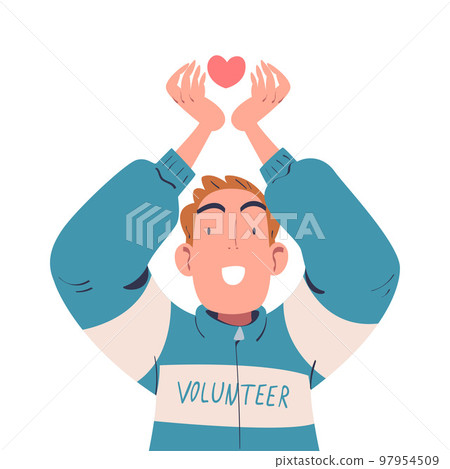 Young Man Volunteer Raising Hands Showing Heart Sign Vector Illustration 97954509