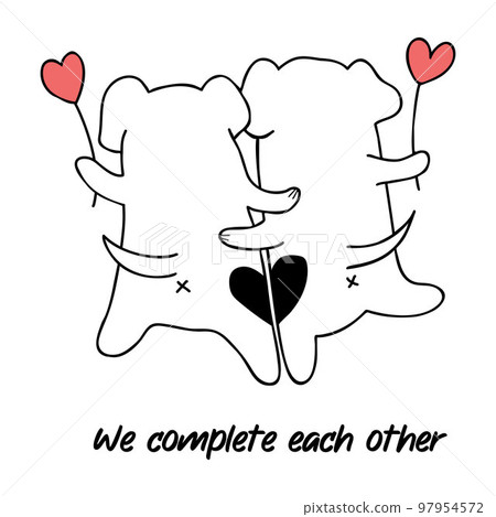 Pair of hugging dogs from back with hearts. Cool valentine card with inscription We complete each other. Vector illustration in doodle style. Funny cute animal characters. Pair of hugging dogs from back with hearts. Cool valentine card with inscription We complete each other. Vector illustration in doodle style. Funny cute animal characters. 97954572