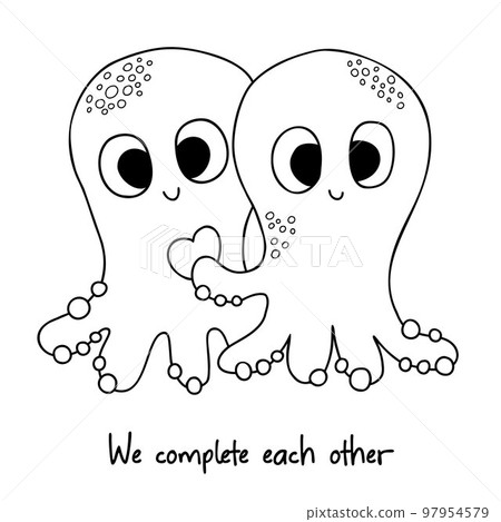 Cute couple of octopuses with heart. Valentines card with funny character in love. We complete each other. Vector illustration. Outline drawing. For design, decor, cards, print, coloring page. Cute couple of octopuses with heart. Valentines card with funny character in love. We complete each other. Vector illustration. Outline drawing. For design, decor, cards, print, coloring page. 97954579