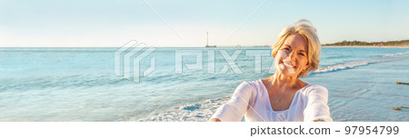 Happy Senior Woman Dancing Tropical Beach Panorama 97954799