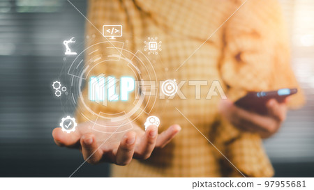 NLP natural language processing cognitive computing technology concept, Business person hand holding VR screen NLP icon on office desk, AI Artificial intelligence. 97955681