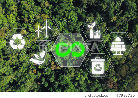 Circular economy concept, Aerial top view green forest with circular economy icon on vr screen, renovating and recycling existing materials and products as much possible. 97955739