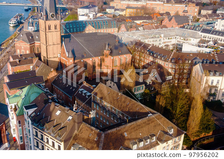 skyline of Dusseldorf with church view near canal. 97956202
