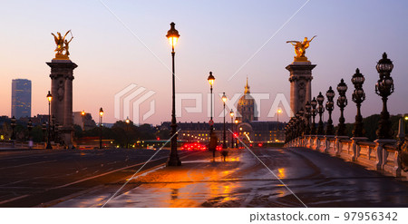 Hotel of Invalides from bridge of Alexandre III in early morning 97956342
