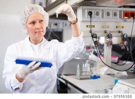 Researching in laboratory. Focused young female pipetting reagent into solution in test tube 97956388