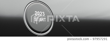 Start 2023. Happy New Year button. 3D illustration 97957291