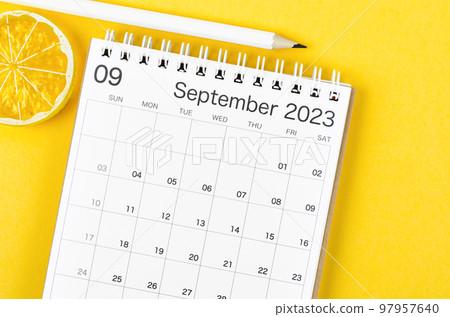 The September 2023 Monthly desk calendar for 2023 year with wooden pencil on yellow background. The September 2023 Monthly desk calendar for 2023 year with wooden pencil on yellow background. 97957640