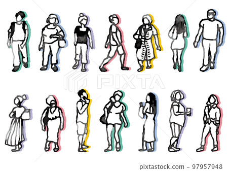 City people, crowd set. Hand-drawn vector data. summer. 97957948
