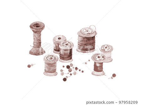 年度活動針紀念圖像繞線和針棕褐色調插圖[水墨畫風格水彩]白色背景透明背景 97958209