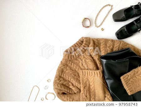 Brown sweater and fashion accessory frame copy space Brown sweater and fashion accessory frame copy space 97958743