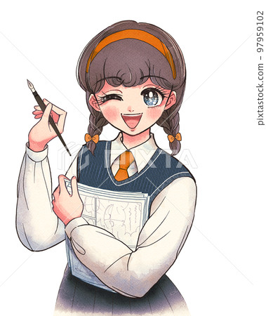 A cute smiling student cartoonist holding an analog manuscript 97959102