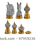 3D illustration rendering depicts a set of traditional Thai chess pieces made of gold and diamonds. 97959236