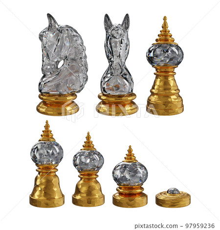 3D illustration rendering depicts a set of traditional Thai chess pieces made of gold and diamonds. 3D illustration rendering depicts a set of traditional Thai chess pieces made of gold and diamonds. 97959236