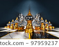 A 3D rendered illustration of a set of traditional Thai chess rooks placed against a dramatic lighting background. 97959237