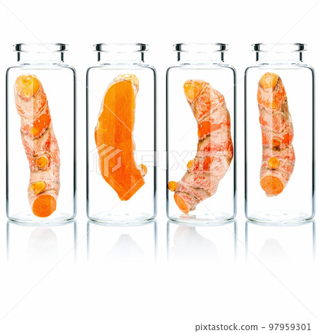 Homemade skin care turmeric root in glass bottles isolated on white background. 97959301