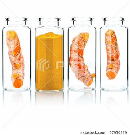 Homemade skin care turmeric root in glass bottles isolated on white background. 97959359