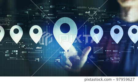 Map pin concept with young man in the night Map pin concept with young man in the night 97959627