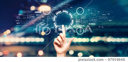 Tech circle with hand pressing a button 97959648