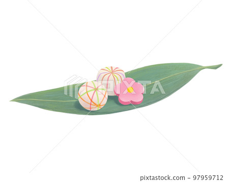 竹葉上裝飾符（球符和花符）的寫實水彩畫 97959712