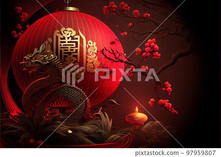 Red Lantern Chinese New Year Festival in red theme background. 3D illustration 97959807