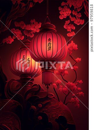 Red Lantern Chinese New Year Festival in red theme background. 3D illustration Red Lantern Chinese New Year Festival in red theme background. 3D illustration 97959818