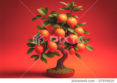 Mandarin Tree for Chinese New Year iseolate red background. 3D illustration Mandarin Tree for Chinese New Year iseolate red background. 3D illustration 97959820