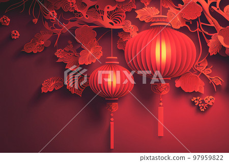Red Lantern Chinese New Year Festival in red theme background. 3D illustration Red Lantern Chinese New Year Festival in red theme background. 3D illustration 97959822