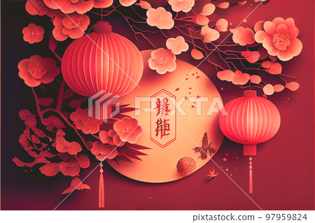 Red Lantern Chinese New Year Festival in red theme background. 3D illustration Red Lantern Chinese New Year Festival in red theme background. 3D illustration 97959824