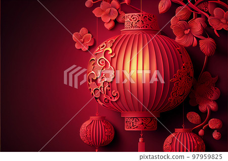 Red Lantern Chinese New Year Festival in red theme background. 3D illustration Red Lantern Chinese New Year Festival in red theme background. 3D illustration 97959825