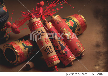 Chinese New Year Festival background and decorations Firecrackers. 3D illustration Chinese New Year Festival background and decorations Firecrackers. 3D illustration 97959826