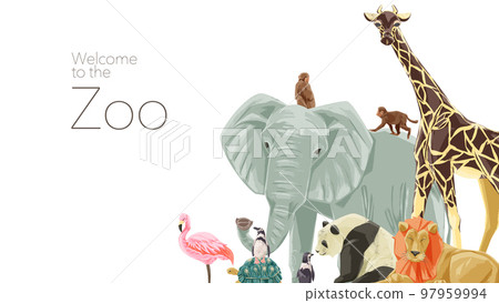 動物園動物大集合框架手繪水彩風格插圖 動物園動物大集合框架手繪水彩風格插圖 97959994
