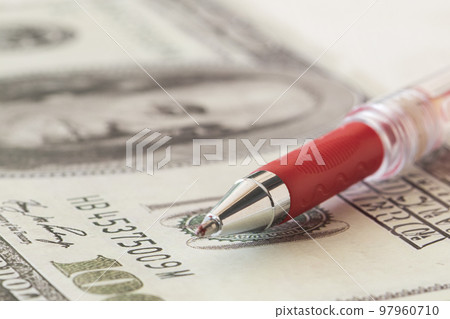 money banknote with pen arrangement flat lay style on background white money banknote with pen arrangement flat lay style on background white 97960710