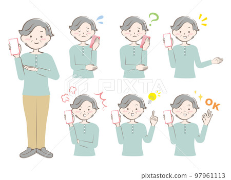 Senior women with various expressions with smartphones 97961113