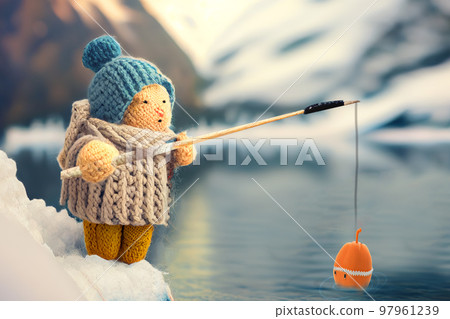 Winter fishing . A knitted man on the bank of the river fishing in the snow . winter entertainment and hobby, cartoon funny illustration. 97961239